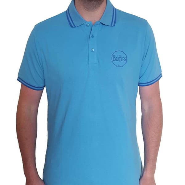 The Beatles Polo Shirt Drum Band Logo Official Mens Light Blue