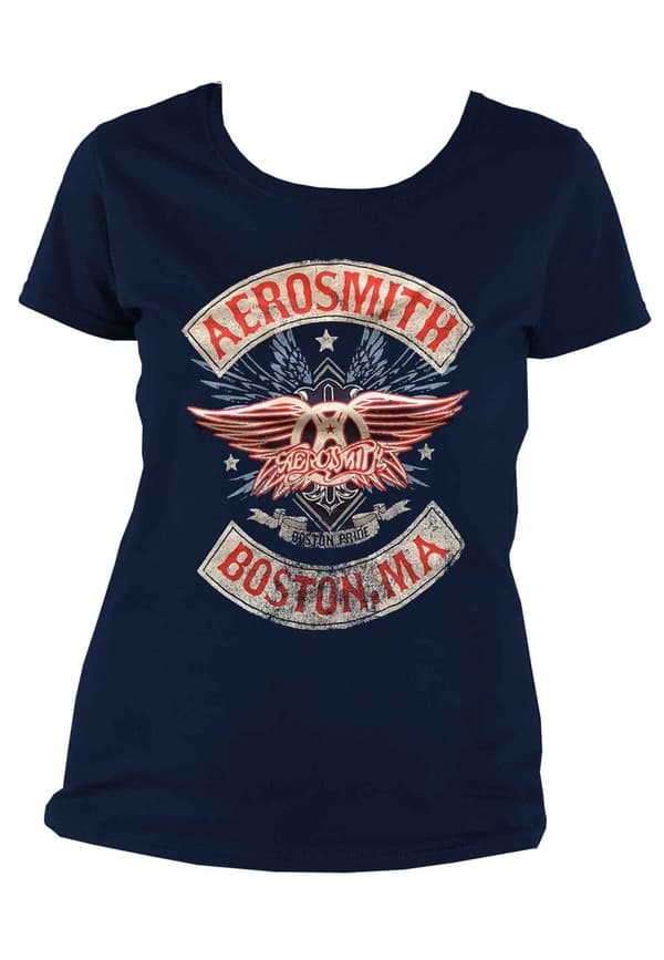 Aerosmith T Shirt Boston Pride Band Logo Official Womens Skinny Fit Navy Blue