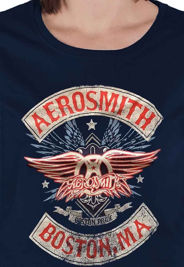 Aerosmith T Shirt Boston Pride Band Logo Official Womens Skinny Fit Navy Blue