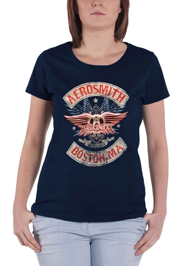 Aerosmith T Shirt Boston Pride Band Logo Official Womens Skinny Fit Navy Blue