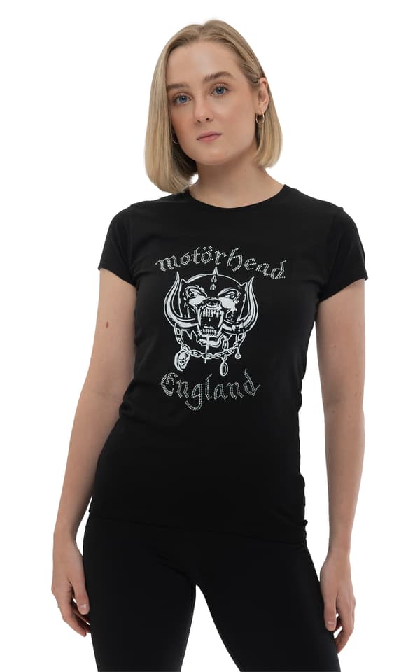 Motorhead T Shirt England diamante logo Official Womens Skinny Fit Black
