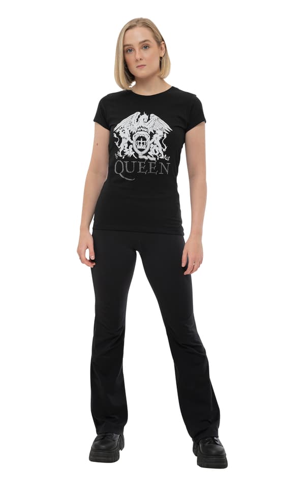 Queen T Shirt band Logo diamante Official Womens Skinny Fit Black
