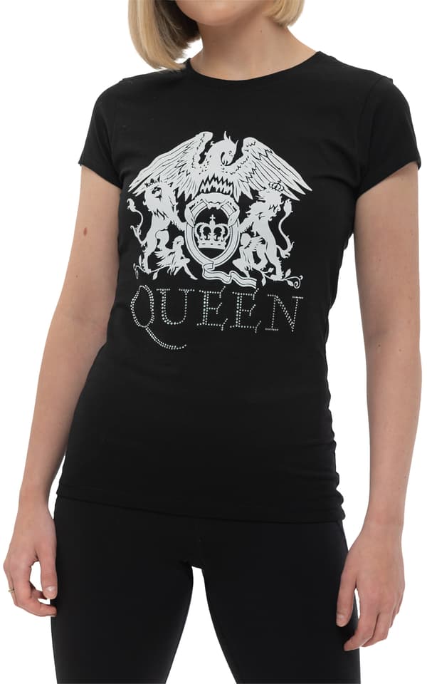 Queen T Shirt band Logo diamante Official Womens Skinny Fit Black