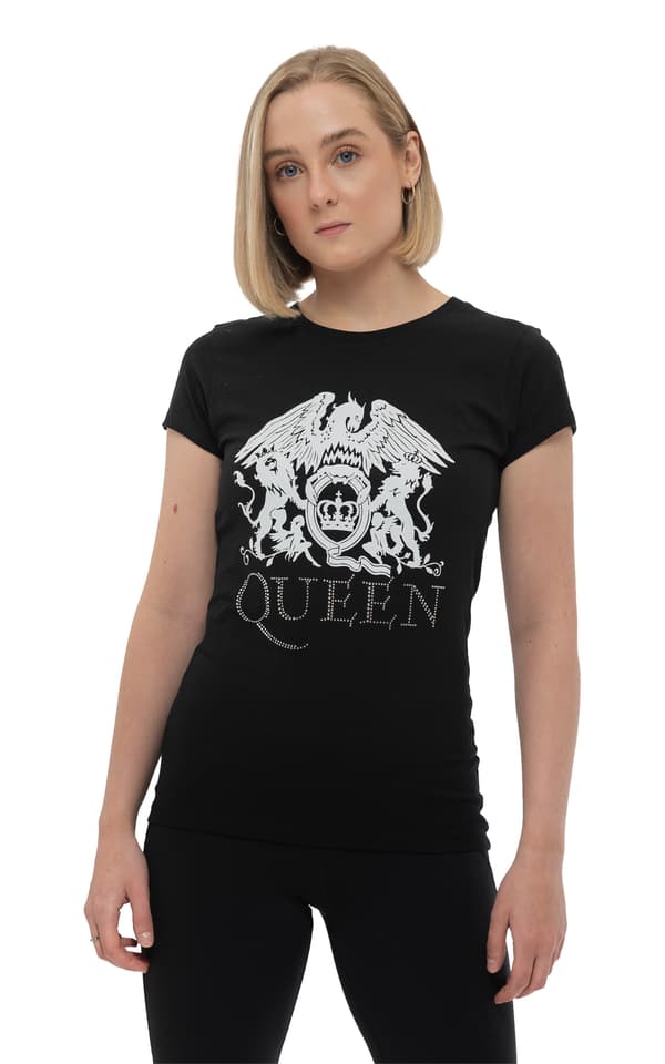 Queen T Shirt band Logo diamante Official Womens Skinny Fit Black
