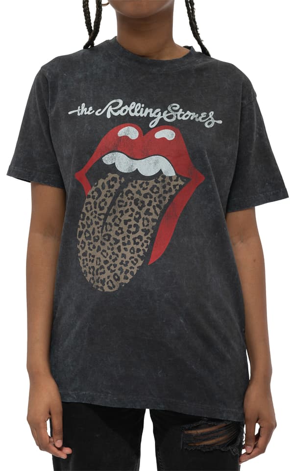 The Rolling Stones T Shirt Leopard Tongue Official Unisex Black Acid Wash