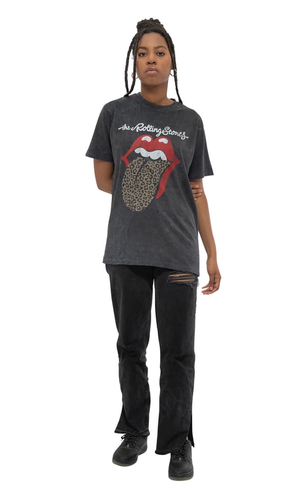 The Rolling Stones T Shirt Leopard Tongue Official Unisex Black Acid Wash