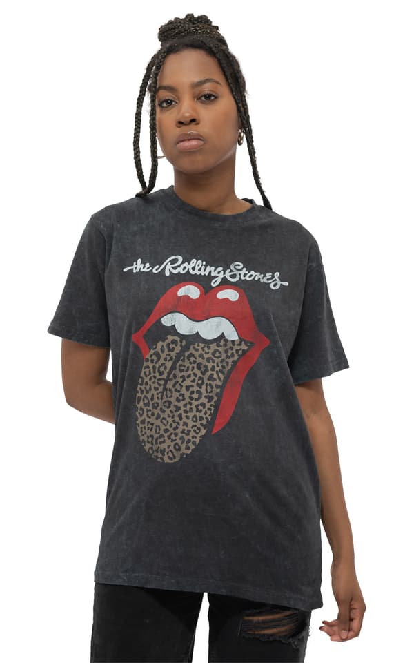 The Rolling Stones T Shirt Leopard Tongue Official Unisex Black Acid Wash