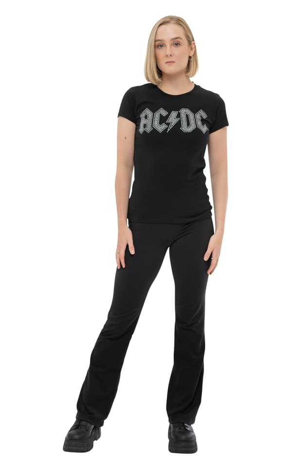 AC/DC T Shirt Diamante Classic Band Logo Official Womens Black Skinny Fit
