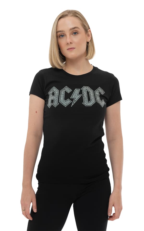 AC/DC T Shirt Diamante Classic Band Logo Official Womens Black Skinny Fit