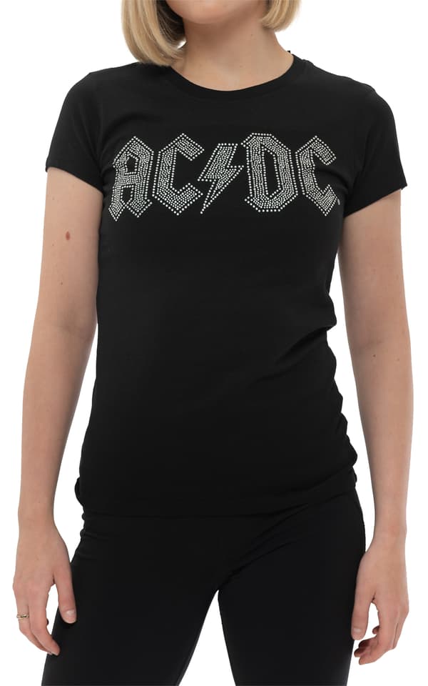 AC/DC T Shirt Diamante Classic Band Logo Official Womens Black Skinny Fit