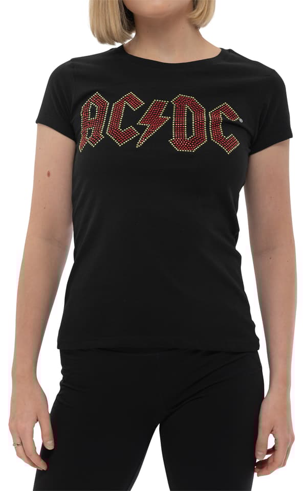 AC/DC T Shirt Full Colour diamante Logo Official Womens Skinny Fit Black