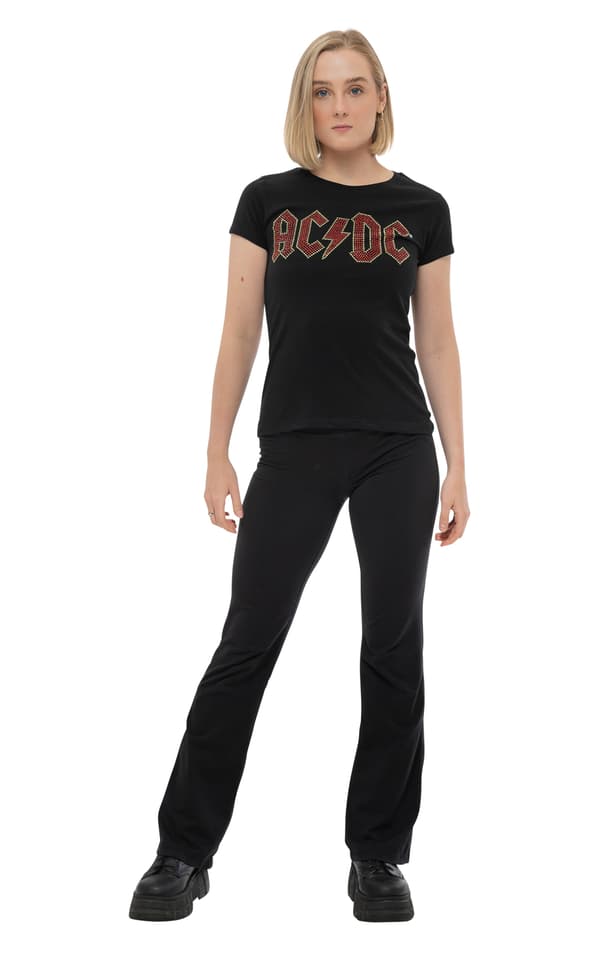 AC/DC T Shirt Full Colour diamante Logo Official Womens Skinny Fit Black