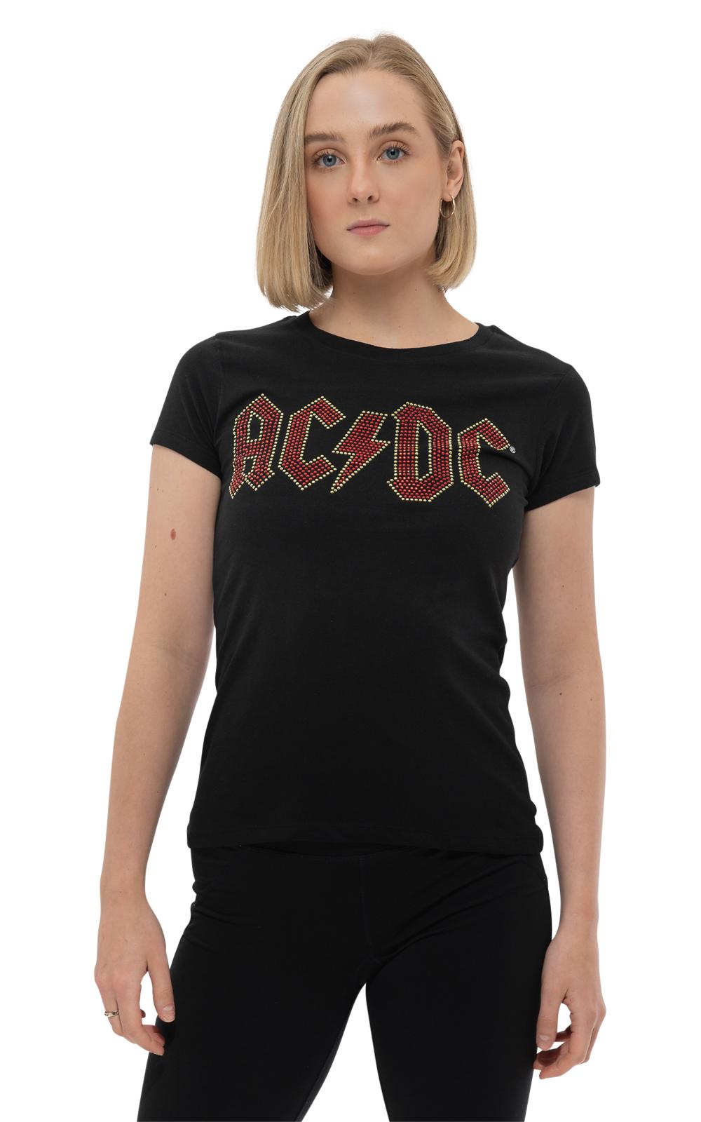 AC/DC T Shirt Full Colour diamante Logo Official Womens Skinny Fit Black