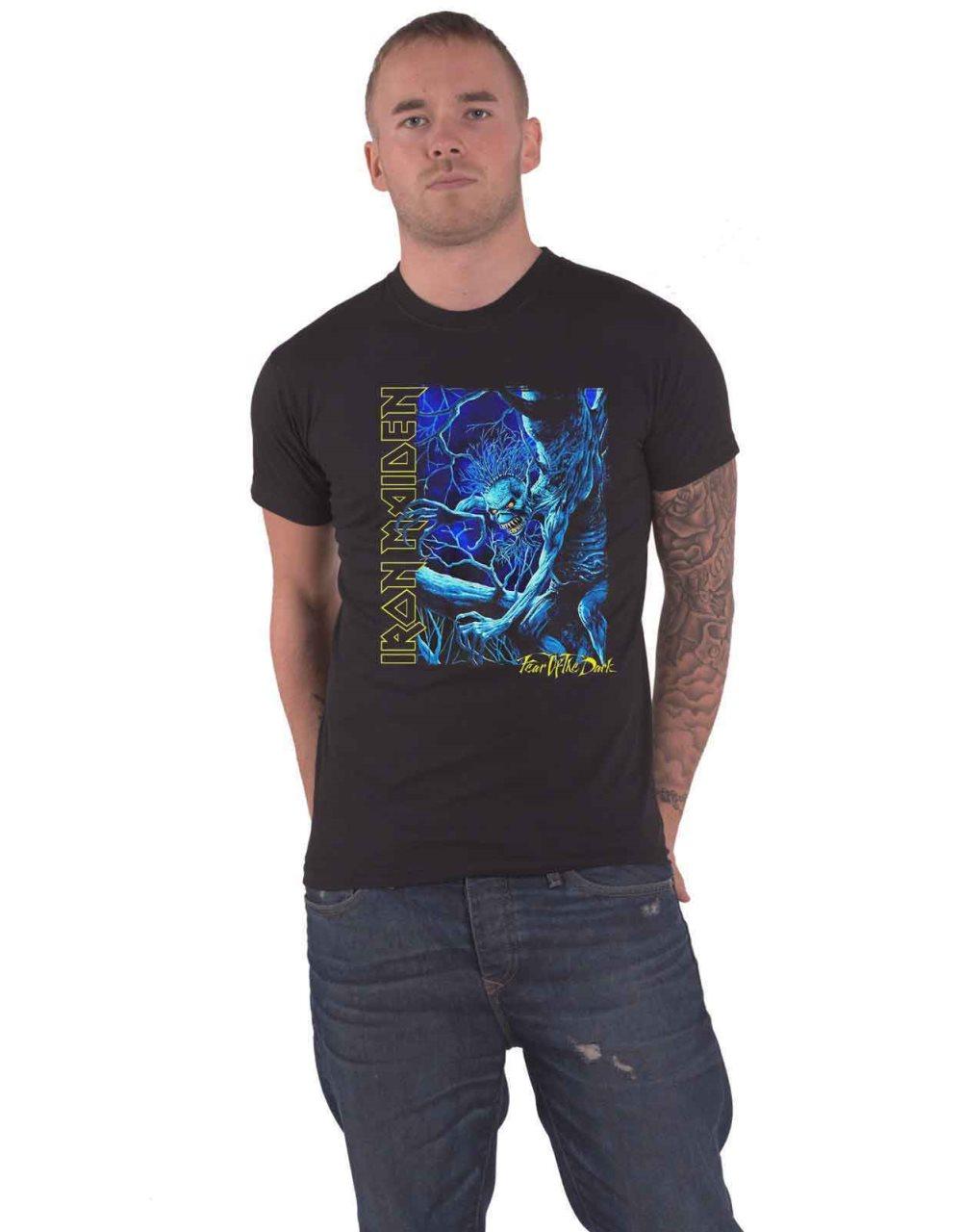Iron Maiden T Shirt Fear of the Dark Blue Tone Eddie Vertical Logo Official Mens