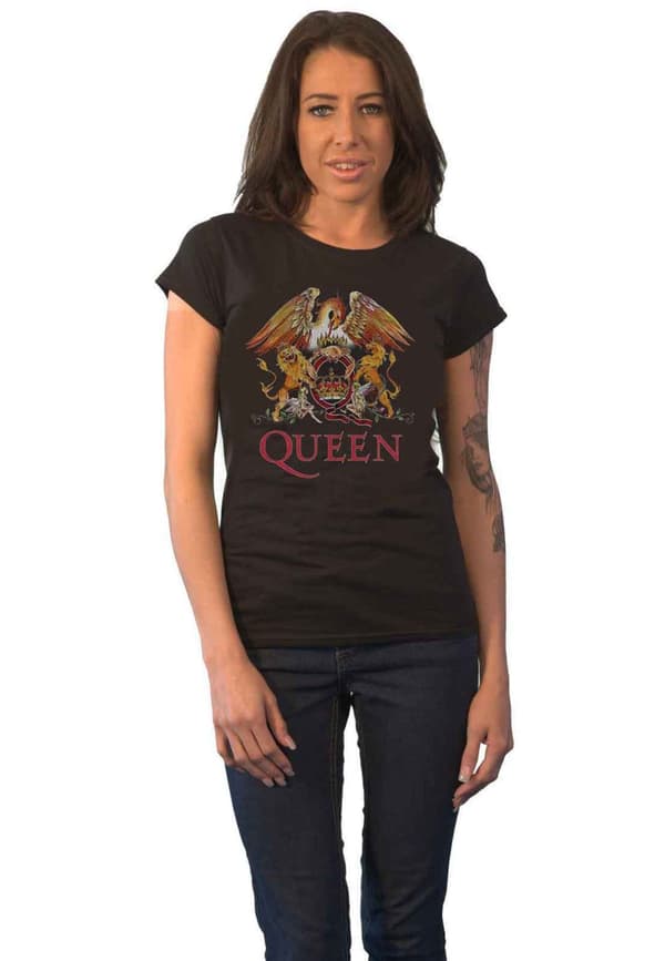 Queen T Shirt Classic Crest Band Logo Official Womens Skinny Fit Black Black XS