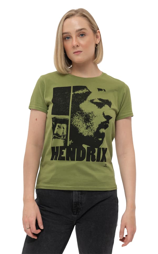Jimi Hendrix T Shirt Let Me Live Logo Official Womens Skinny Fit Khaki Green