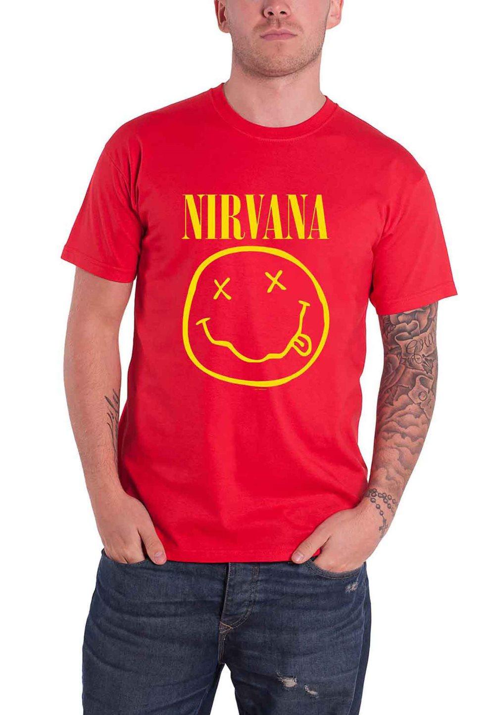 Nirvana T Shirt Yellow Smiley Band Logo Official Unisex Red