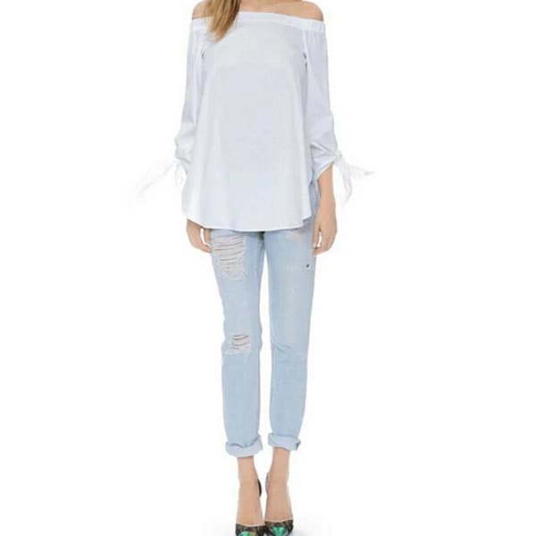 Dam off-shulder långärmad randig Casual Slim Fit BLous Topper Skjorta Jumper
