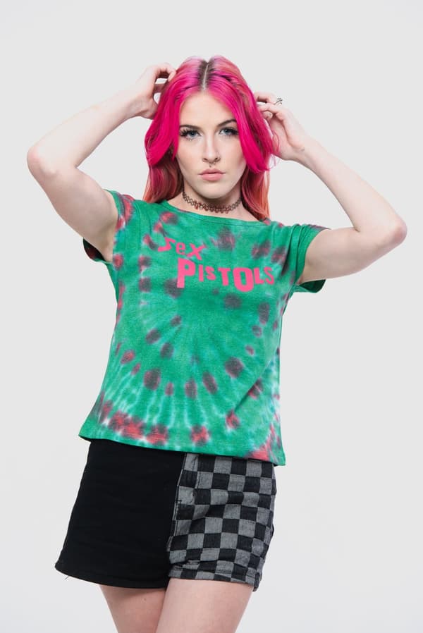 The Sex Pistols Crop Top Shirt Band Logo Official Womens Green Dye Wash