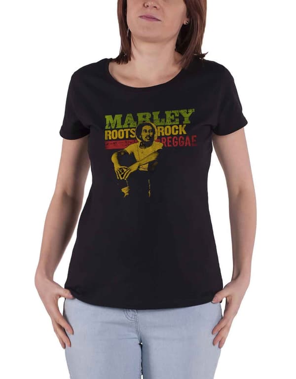 Bob Marley T Shirt Roots Rock Reggae Logo Official Womens Skinny Fit Black