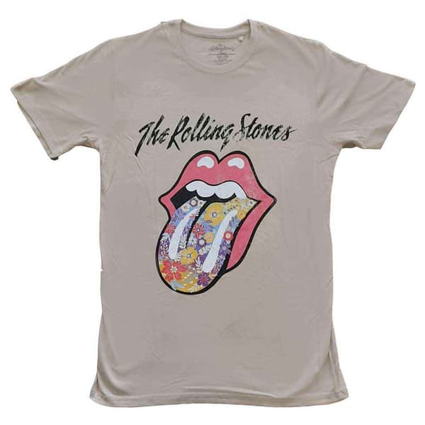 The Rolling Stones T Shirt Flowers Tongue Band Logo Official Mens Sand
