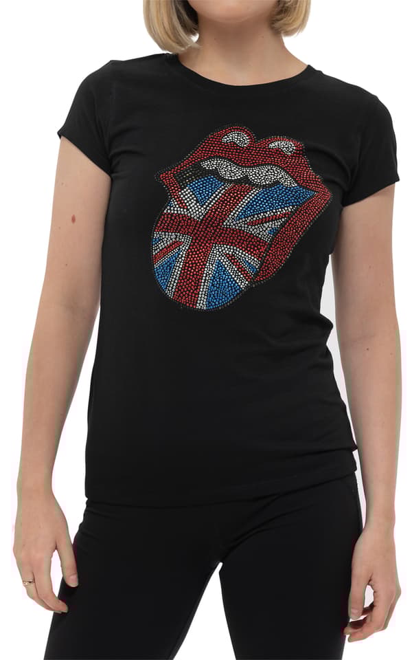 The Rolling Stones T Shirt Diamante Union Jack Official Womens Skinny Fit Black