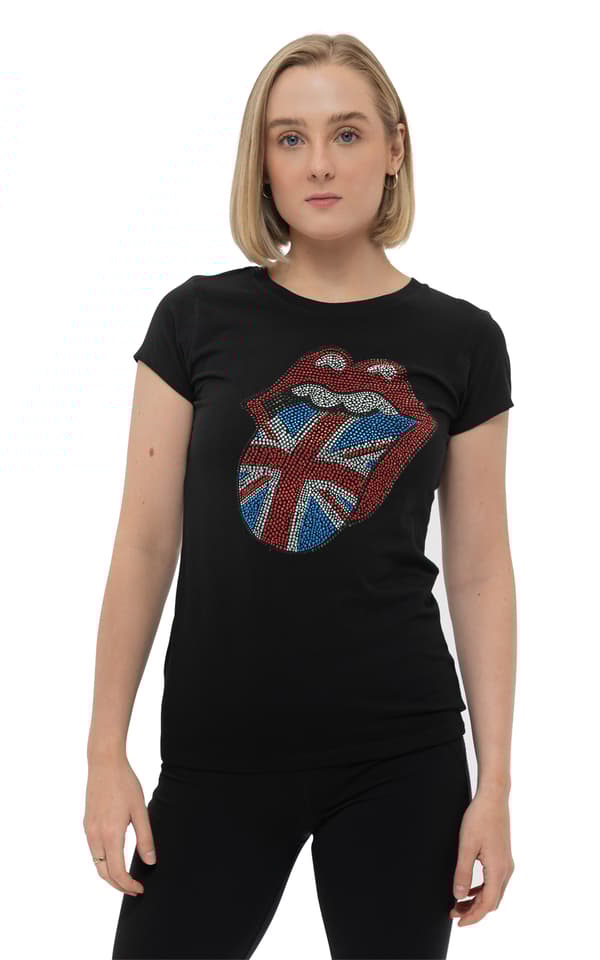 The Rolling Stones T Shirt Diamante Union Jack Official Womens Skinny Fit Black