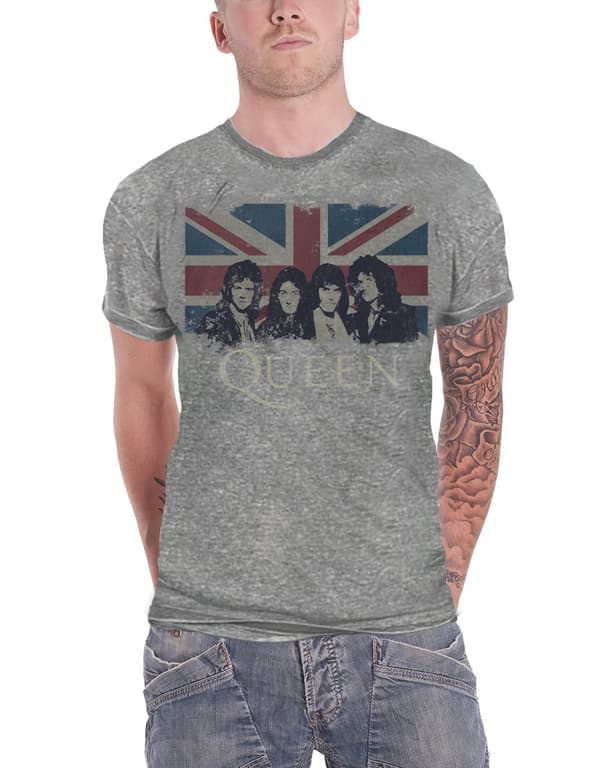 Queen T Shirt Vintage Union Jack Band Shot Logo Official Mens Grey Burnout Grey S