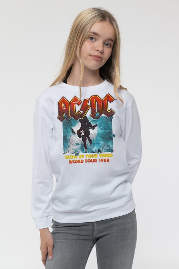 AC/DC Kids Sweatshirt Blow Up Your Video Band Logo Official White