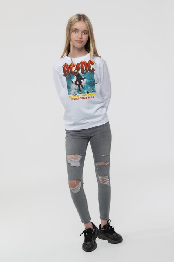 AC/DC Kids Sweatshirt Blow Up Your Video Band Logo Official White