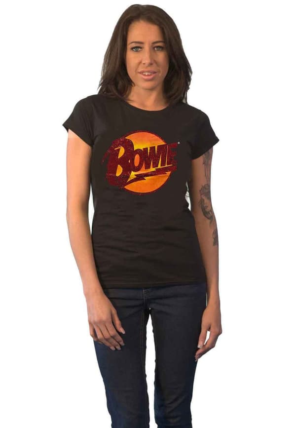 David Bowie T Shirt Diamond Dogs diamante Logo Official Womens Skinny Fit Black Black L
