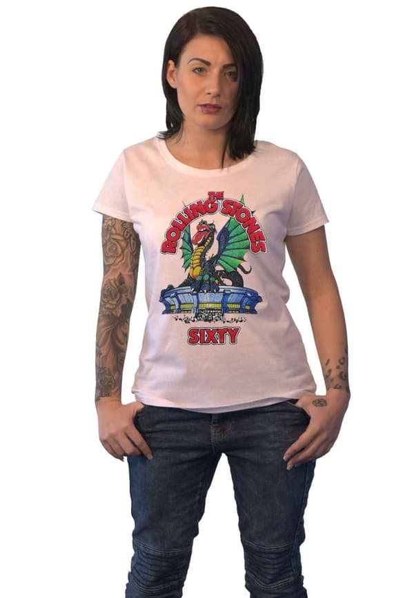 The Rolling Stones T Shirt Sixty Stadium Dragon Official Womens Skinny Fit White XXXL