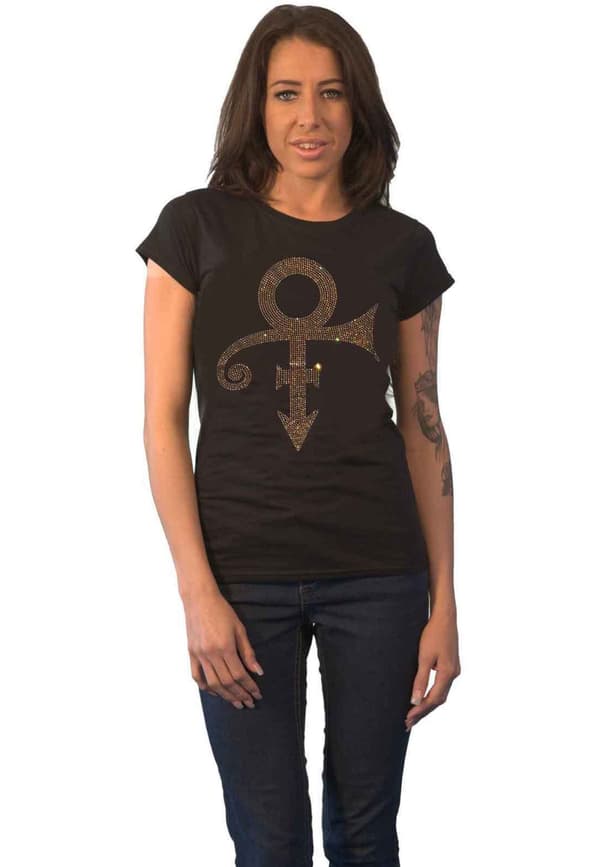 Prince T Shirt Gold Symbol Diamante Logo Official Womens Skinny Fit Black