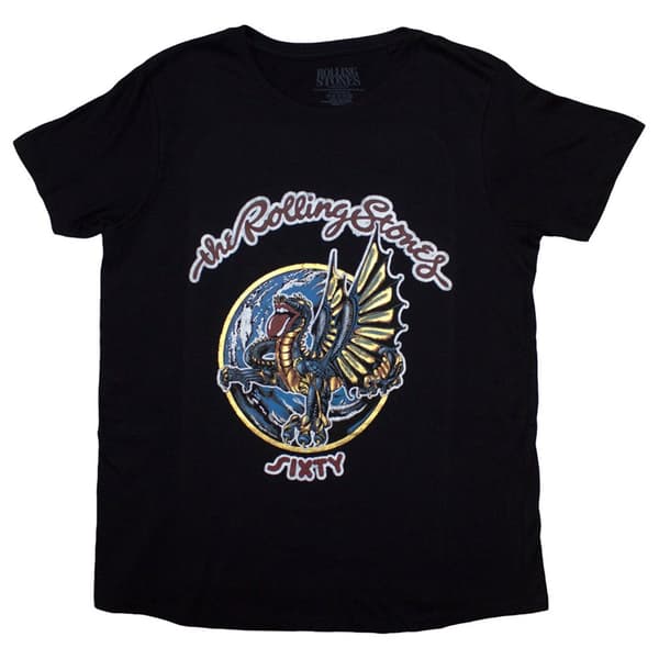 The Rolling Stones T Shirt Sixty Dragon Globe Foiled Womens Skinny Fit Black