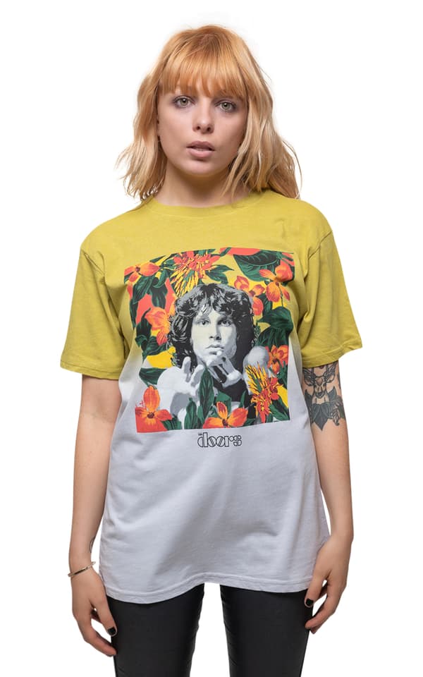 The Doors T Shirt Jim Morrison Floral Square Official Unisex Dye Wash Yellow
