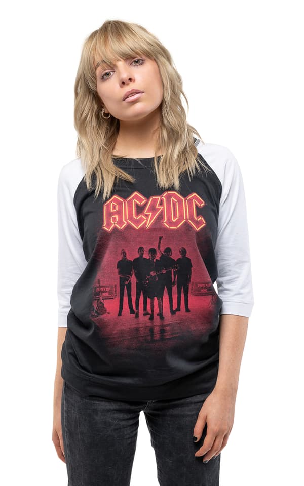 AC/DC T Shirt PWR-UP UK Band Logo Official Raglan Womens Skinny Fit Black Black XXXL