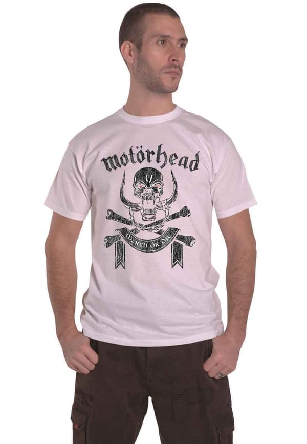 Motorhead T Shirt March or Die Warpig Band Logo Official Mens White