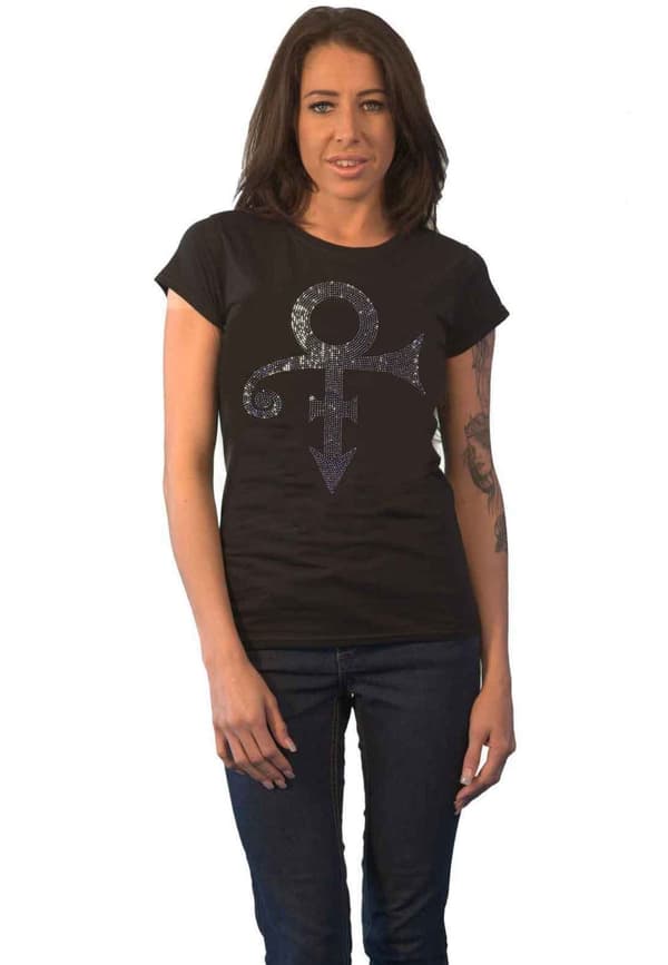 Prince T Shirt Purple Symbol Diamante Logo Official Womens Skinny Fit Black