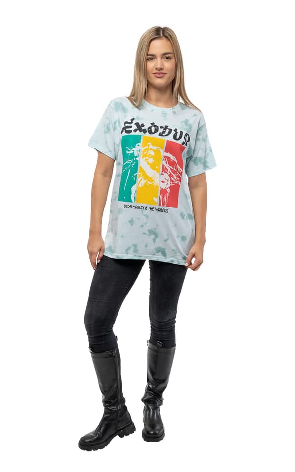 Bob Marley T Shirt Exodus Rasta Colours Official Unisex Dye Wash Green