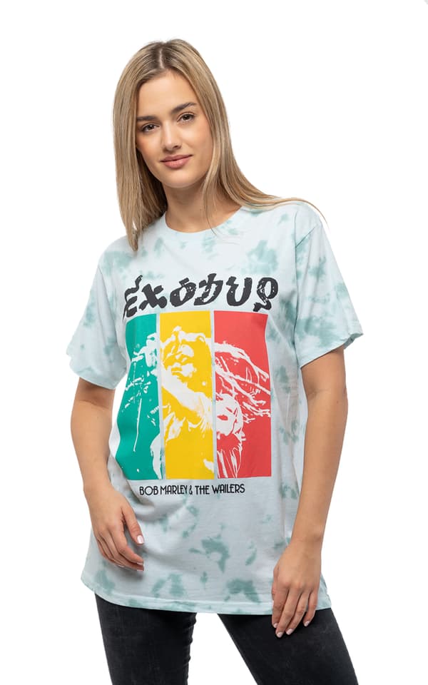 Bob Marley T Shirt Exodus Rasta Colours Official Unisex Dye Wash Green