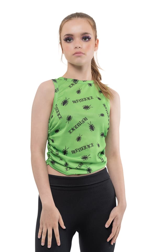 Beetlejuice Vest Repeat Logo Ruched Side Cropped Womens Skinny Fit Green