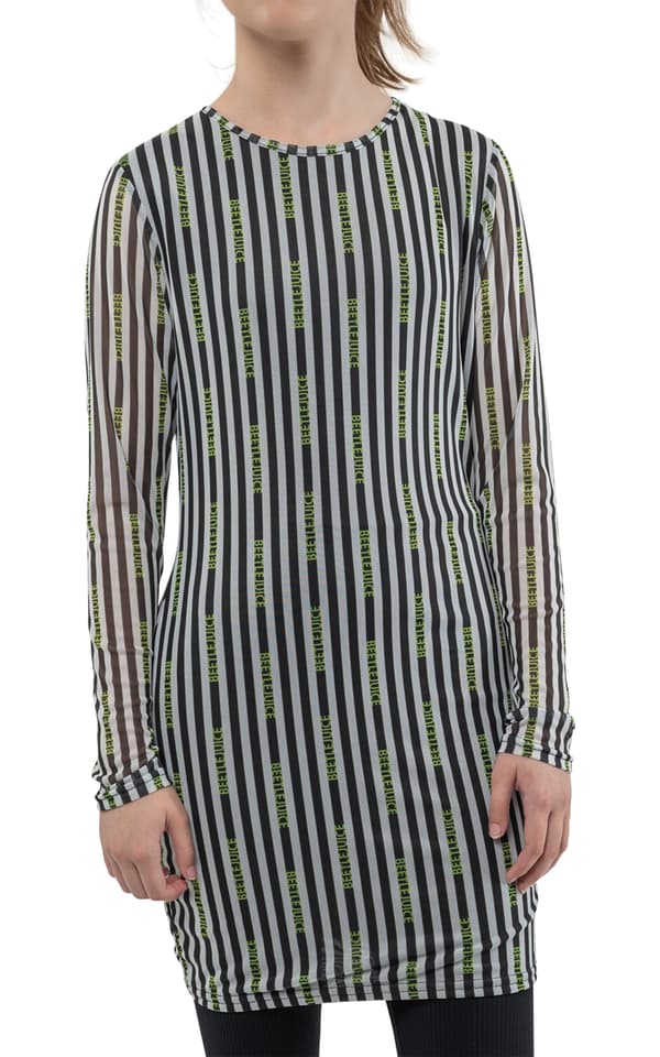 Beetlejuice Dress Stripes Logo Official Long Sleeve Mesh Bodycon Womens Girls