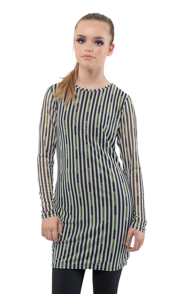 Beetlejuice Dress Stripes Logo Official Long Sleeve Mesh Bodycon Womens Girls