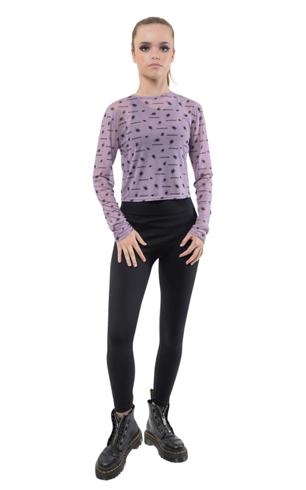 Beetlejuice Mesh Top Beetle Print Cropped Christmas Girls Womens Purple