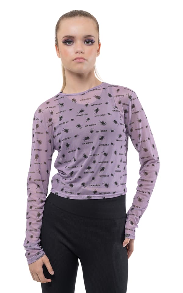 Beetlejuice Mesh Top Beetle Print Cropped Christmas Girls Womens Purple