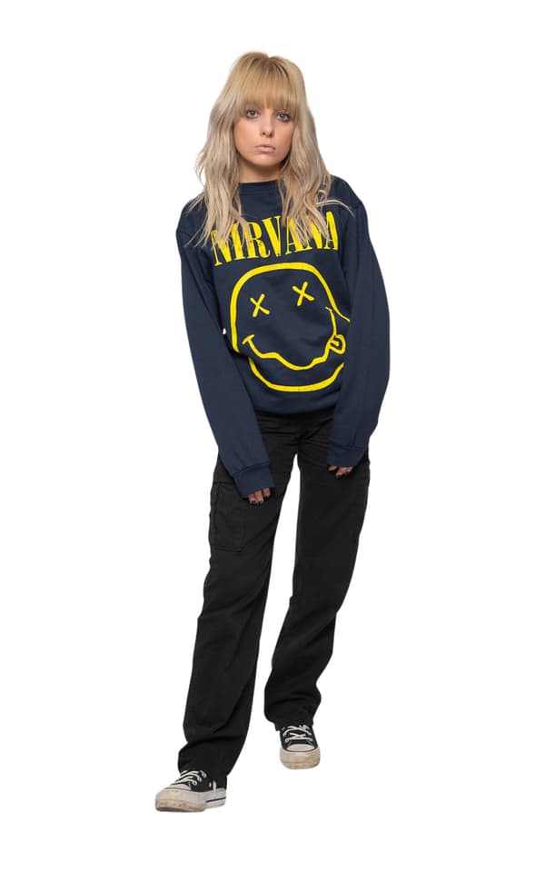 Nirvana Sweatshirt Yellow Smile Band Logo Official Unisex Navy Blue