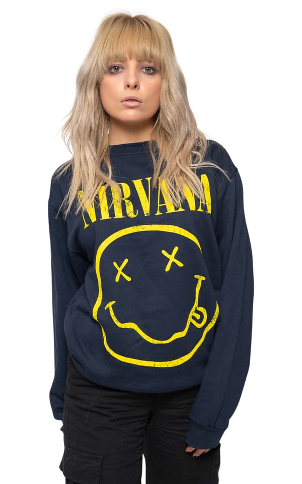 Nirvana Sweatshirt Yellow Smile Band Logo Official Unisex Navy Blue
