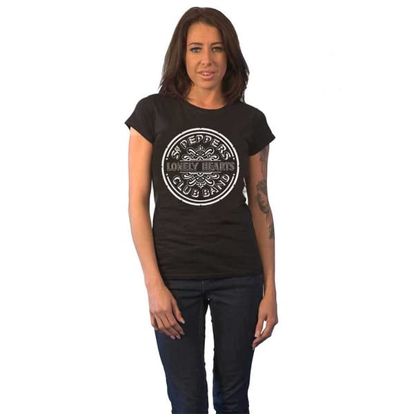 The Beatles T Shirt Sgt Pepper Mono Band Logo Official Womens Skinny Fit Black Black M