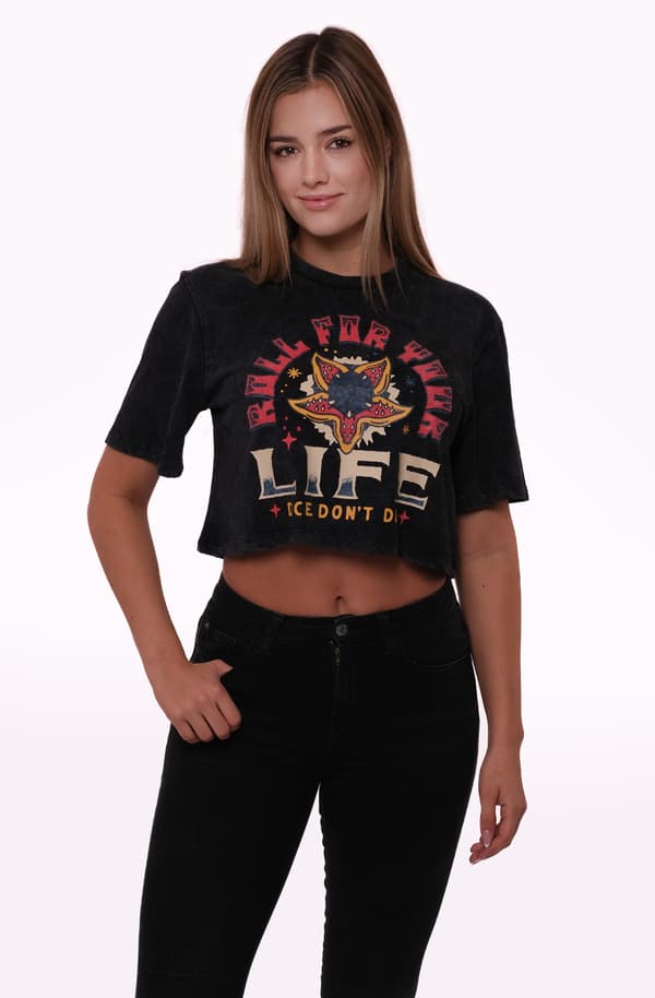 Stranger Things Hellfire Club Cropped Girls Womens T Shirt Charcoal M