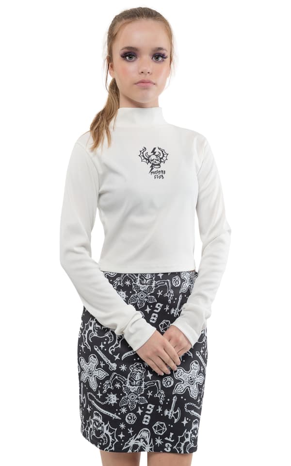 Stranger Things Top Hellfire Club Logo Ribbed Long Sleeve Girls Womens White White M